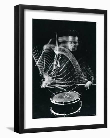 Drummer Gene Krupa Playing Drum at Gjon Mili's Studio-Gjon Mili-Framed Premium Photographic Print