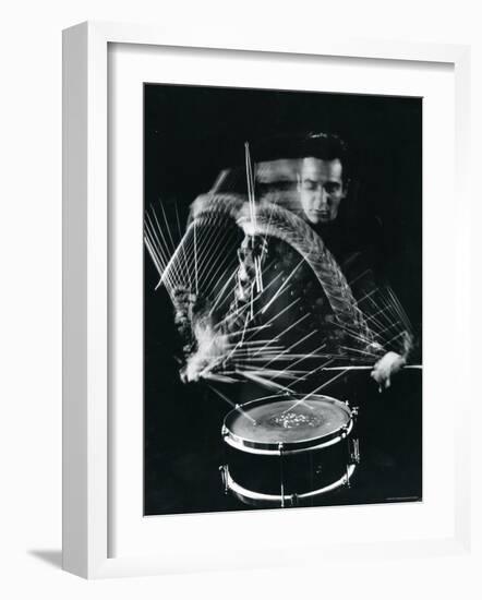 Drummer Gene Krupa Playing Drum at Gjon Mili's Studio-Gjon Mili-Framed Premium Photographic Print