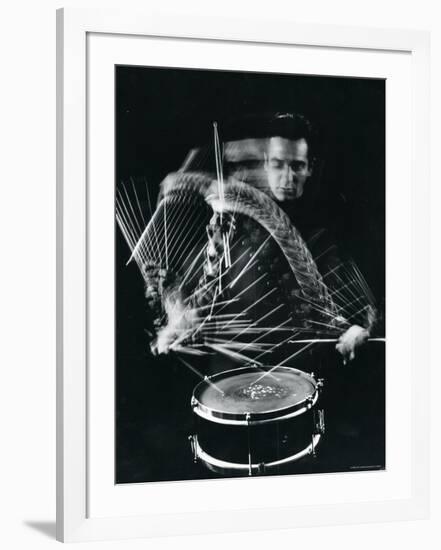 Drummer Gene Krupa Playing Drum at Gjon Mili's Studio-Gjon Mili-Framed Premium Photographic Print