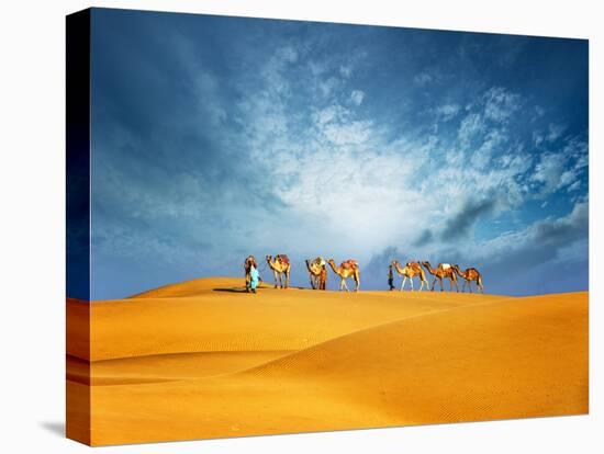 Dubai Desert Camel Safari. Arab Culture, Tradition and Tourism Landscape. Arabian People Traveling-Banana Republic images-Stretched Canvas