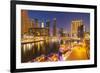 Dubai Marina Skyline and Tourist Boats at Night, Dubai City, United Arab Emirates, Middle East-Neale Clark-Framed Photographic Print