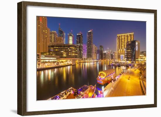 Dubai Marina Skyline and Tourist Boats at Night, Dubai City, United Arab Emirates, Middle East-Neale Clark-Framed Photographic Print