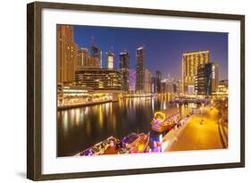 Dubai Marina Skyline and Tourist Boats at Night, Dubai City, United Arab Emirates, Middle East-Neale Clark-Framed Photographic Print