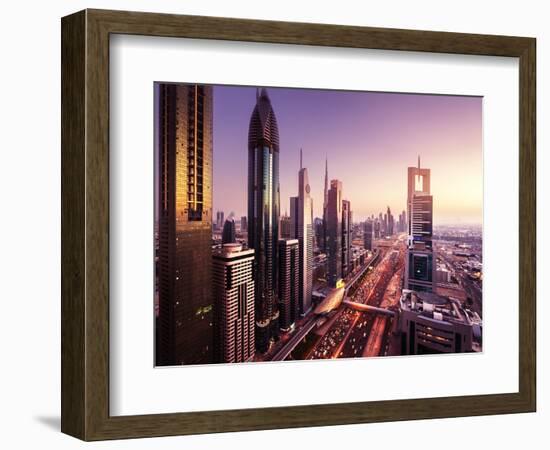 Dubai Skyline in Sunset Time, United Arab Emirates-Iakov Kalinin-Framed Photographic Print