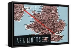 Dublin, Ireland - Aer Lingus Irish Airlines, Map View of Dublin-London Route-Lantern Press-Framed Stretched Canvas