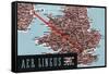 Dublin, Ireland - Aer Lingus Irish Airlines, Map View of Dublin-London Route-Lantern Press-Framed Stretched Canvas