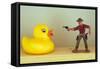 Duck Takes On Cowboy-Den Reader-Framed Stretched Canvas