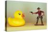 Duck Takes On Cowboy-Den Reader-Stretched Canvas