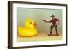 Duck Takes On Cowboy-Den Reader-Framed Photographic Print