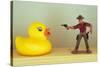 Duck Takes On Cowboy-Den Reader-Stretched Canvas