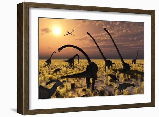 Duckbill Dinosaurs and Large Sauropods Share a Feeding Ground-null-Framed Art Print