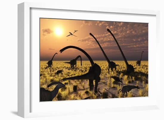 Duckbill Dinosaurs and Large Sauropods Share a Feeding Ground-null-Framed Art Print