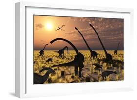 Duckbill Dinosaurs and Large Sauropods Share a Feeding Ground-null-Framed Art Print