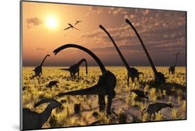 Duckbill Dinosaurs and Large Sauropods Share a Feeding Ground-null-Mounted Art Print