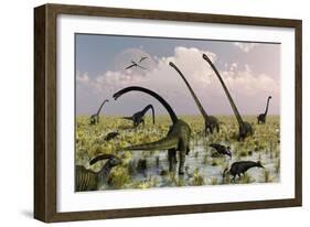 Duckbill Dinosaurs and Large Sauropods Share a Feeding Ground-null-Framed Art Print