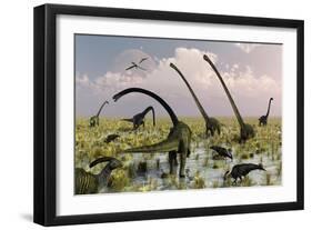 Duckbill Dinosaurs and Large Sauropods Share a Feeding Ground-null-Framed Art Print