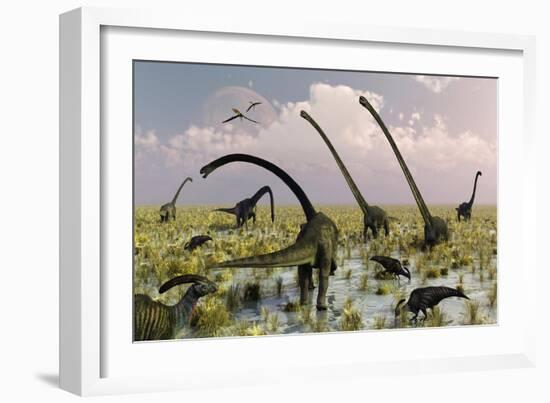 Duckbill Dinosaurs and Large Sauropods Share a Feeding Ground-null-Framed Art Print