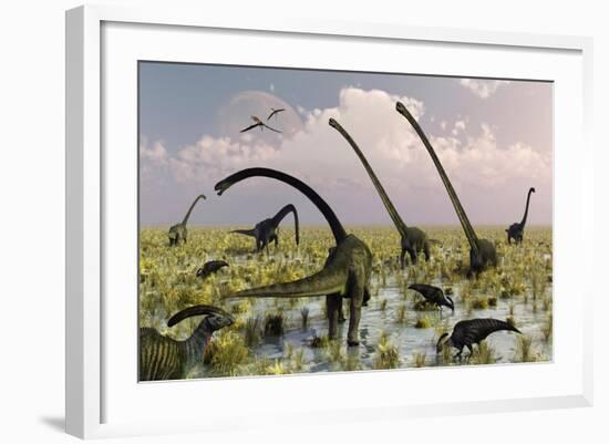 Duckbill Dinosaurs and Large Sauropods Share a Feeding Ground-null-Framed Art Print