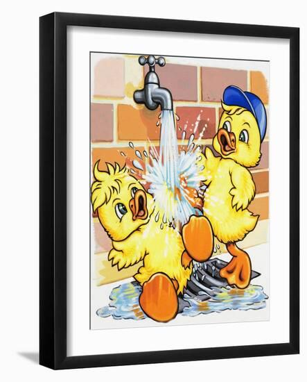 Ducklings Discover How to Use a Tap-null-Framed Giclee Print