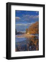 Ducks in wetlands slough with snowy barn, Kalispell, Montana, USA-Chuck Haney-Framed Photographic Print