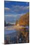 Ducks in wetlands slough with snowy barn, Kalispell, Montana, USA-Chuck Haney-Mounted Premium Photographic Print