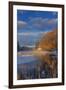 Ducks in wetlands slough with snowy barn, Kalispell, Montana, USA-Chuck Haney-Framed Photographic Print