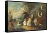 Ducks, Poultry and Doves by a Wall on a River Bank-Marmaduke Cradock-Framed Stretched Canvas