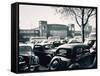 Duesseldorf: Historic Picture of the Rheinterrasse Building with Parking Cars-null-Framed Stretched Canvas