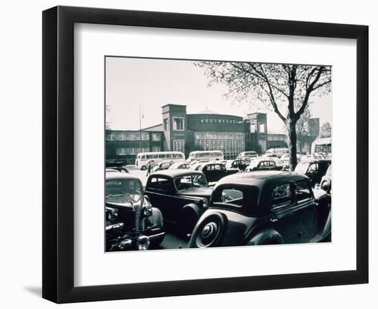 Duesseldorf: Historic Picture of the Rheinterrasse Building with Parking Cars-null-Framed Photographic Print