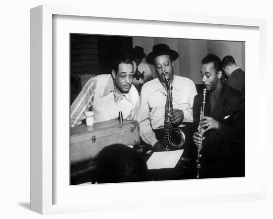 Duke Ellington with Ben Webster and Jimmy Hamilton at Carnegie Hall, 1948-null-Framed Photo