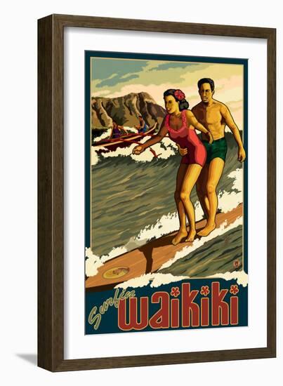 Duke Kahanamoku Surfing Scene, Waikiki, Hawaii-Lantern Press-Framed Art Print