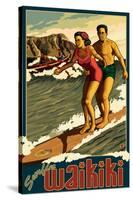 Duke Kahanamoku Surfing Scene, Waikiki, Hawaii-Lantern Press-Stretched Canvas