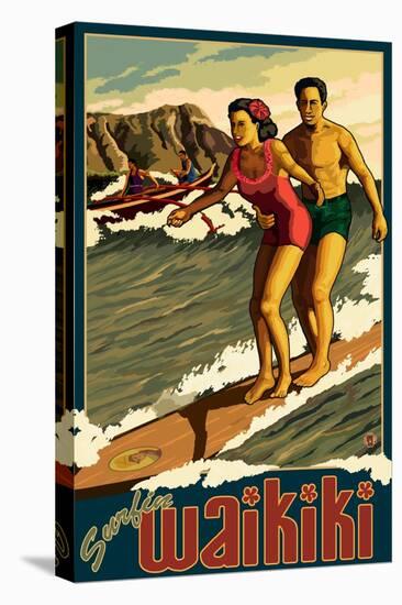 Duke Kahanamoku Surfing Scene, Waikiki, Hawaii-Lantern Press-Stretched Canvas