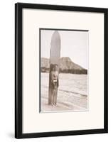 Duke Kahanamoku with Surfboard, Hawaii, c.1930-null-Framed Art Print