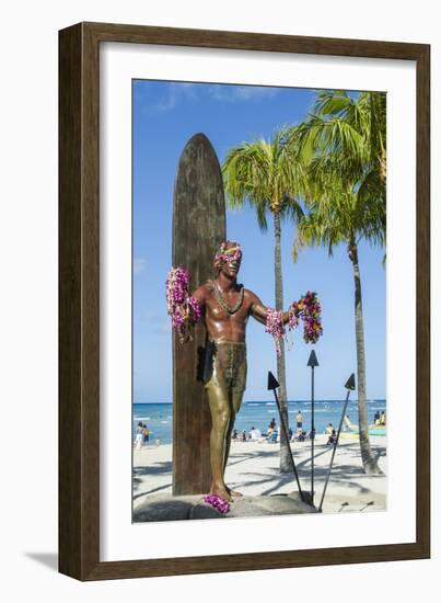 Duke Paoa Kahanamoku, Waikiki Beach, Honolulu, Oahu, Hawaii, United States of America, Pacific-Michael DeFreitas-Framed Photographic Print