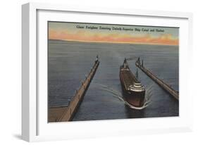 Duluth, MN - View of Freighter Entering Ship Canal-Lantern Press-Framed Art Print