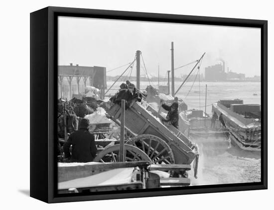 Dumping Snow into the River after a Blizzard, New York-null-Framed Stretched Canvas