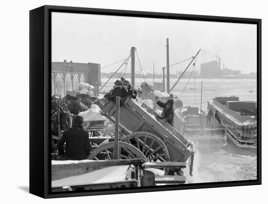 Dumping Snow into the River after a Blizzard, New York-null-Framed Stretched Canvas