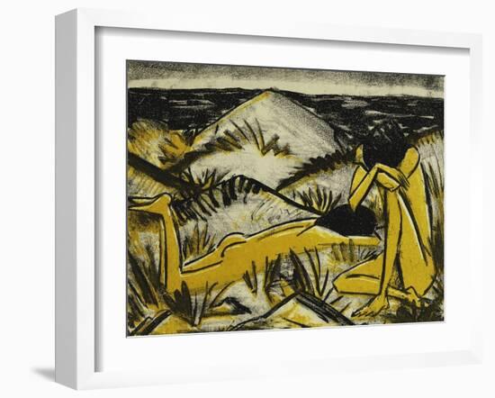 Dunes One Sitting and Girl Lying Down (Two Girls in the Sylt Dunes)-Otto Mueller-Framed Giclee Print