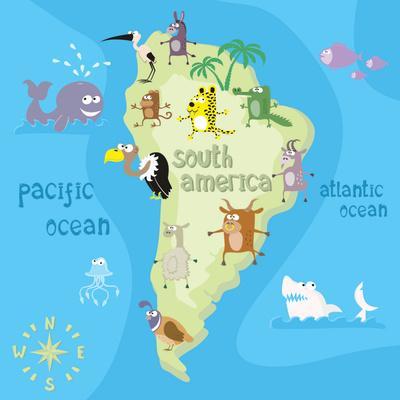 Concept Design Map of South American Continent with Animals Drawing in Funny Cartoon Style for Kids' Print - Dunhill Concept Design Map of South American Continent with Animals Drawing in Funny Cartoon Style for Kids' Print - Dunhill