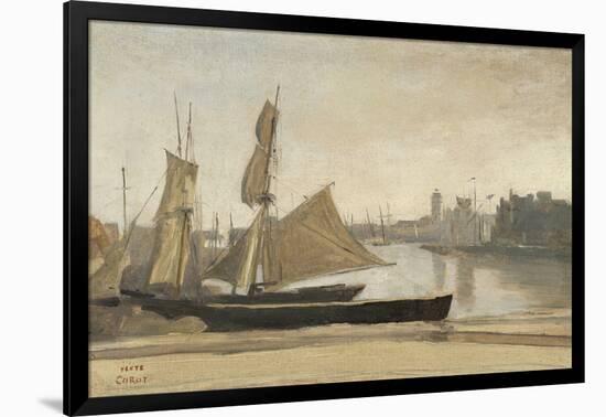 Dunkerque, Fishing Boats Tied to the Wharf, C.1830 (Oil on Laid Paper, Mounted on Canvas)-Jean Baptiste Camille Corot-Framed Giclee Print