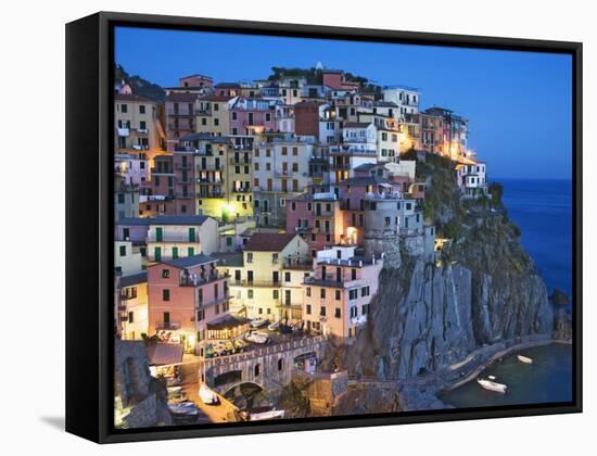 Dusk Falls on a Hillside Town Overlooking the Mediterranean Sea, Manarola, Cinque Terre, Italy-Dennis Flaherty-Framed Stretched Canvas