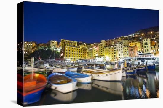 Dusk light on harbour and fishing village of Camogli, Gulf of Paradise, Portofino Nat'l Park, Italy-Roberto Moiola-Stretched Canvas