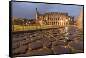 Dusk lights on the Colosseum, the old Flavian Amphitheatre, and symbol of the city, UNESCO World He-Roberto Moiola-Framed Stretched Canvas