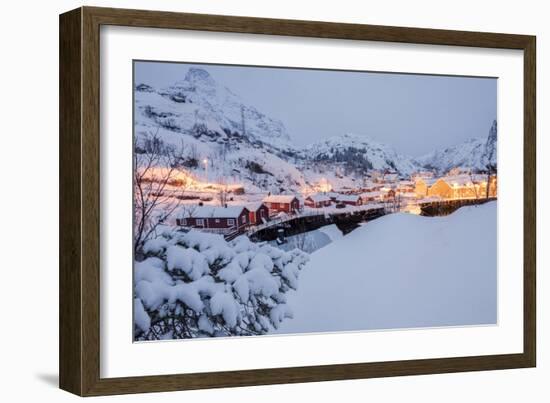 Dusk lights on the fishing village surrounded by snowy peaks, Nusfjord, Northern Norway-Roberto Moiola-Framed Photographic Print