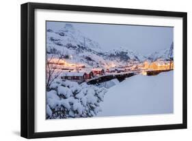 Dusk lights on the fishing village surrounded by snowy peaks, Nusfjord, Northern Norway-Roberto Moiola-Framed Photographic Print