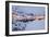 Dusk lights on the fishing village surrounded by snowy peaks, Nusfjord, Northern Norway-Roberto Moiola-Framed Photographic Print