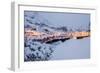 Dusk lights on the fishing village surrounded by snowy peaks, Nusfjord, Northern Norway-Roberto Moiola-Framed Photographic Print