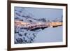 Dusk lights on the fishing village surrounded by snowy peaks, Nusfjord, Northern Norway-Roberto Moiola-Framed Photographic Print