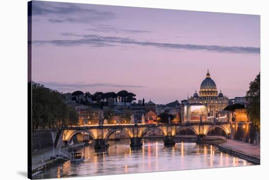 Dusk Lights on Tiber River with Bridge Umberto I and Basilica Di San Pietro in the Background, Rome-Roberto Moiola-Stretched Canvas